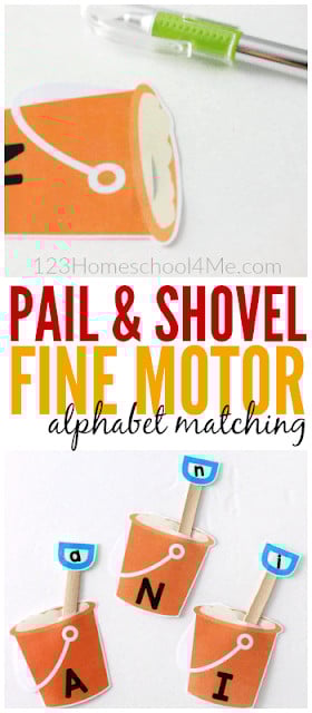 Simple matching letter game is a great way to work a little letter recognition into your preschool, pre-k, and kindergarten child's day while still having fun with summer activities for kindergarten. Children will insert the shoverl into the sand pail for this free printable, matching upper and lowercase letters activity. Simply download pdf file with alphabet matching and you are ready to play and learn with this beach theme or summer theme activity.
