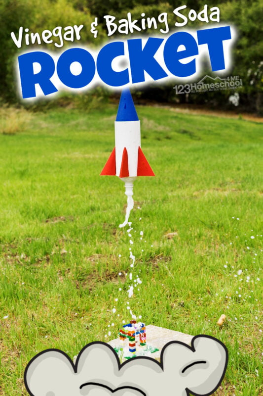 This vinegar and baking soda rocket is an out-of-this-world fun AND educational summer activity for kids! Preschool, pre-k, kindergarten, first grade, 2nd grade, 3rd grade, 4th grade, 5th grade, and 6th grade students will enjoy making the baking soda rocket. This how to make a bottle rocket project is one of those really cool science projects your kids will remember forever!