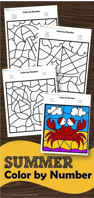 Help kids practice identifying numbers 1-20 while refining their fine motor skills with these super cute summer color by number worksheets. 