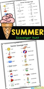 Kids will enjoy getting out and walking around the neighborhood, getting some exercise, while searching for different items such as a towel, ice cream and crab, as part of this Summer Scavenger Hunt. Families will love that this summer scavenger hunt for kids is no prep, just print and head out for a fun summer activity for kids where kids will work on their power of observation! Use this scavenger hunt for summer printable with toddler, preschool, pre-k, kindergarten, first grade, 2nd grade, and 3rd grade students as it contains not only the name, but a cute picture too.  Simply download pdf file with summer scavenger hunt pdf in color or black and white and you are ready to play!