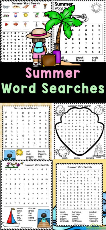 Get ready for FUN with these Summer Word Searches! These free printable summer word search pages are perfect kindergarten, first grade, 2nd grade, 3rd grdae, 4th grade, 5th grade, and 6th grade to work on spelling and word recognition skills with all things to do with summer, the beach, hot weather and more! Simply print the summer word search printable and you are ready to have some indoor fun anytime!