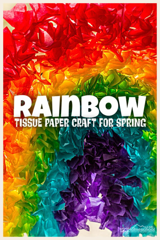 Looking for a quick and easy spring craft for kids? You will love this beautiful tissue paper rainbow craft! This simple craft is perfect for toddler,  pre-k, kindergarten, and first grade students! All you need are a few simple materials and you will love a really pretty preschool rainbow craft. Use this spring craft idea to celebrate springtime, st patrick's day activities for preschoolers, summer craft, or anytime you want to brighten up your window with a pretty suncatcher craft.