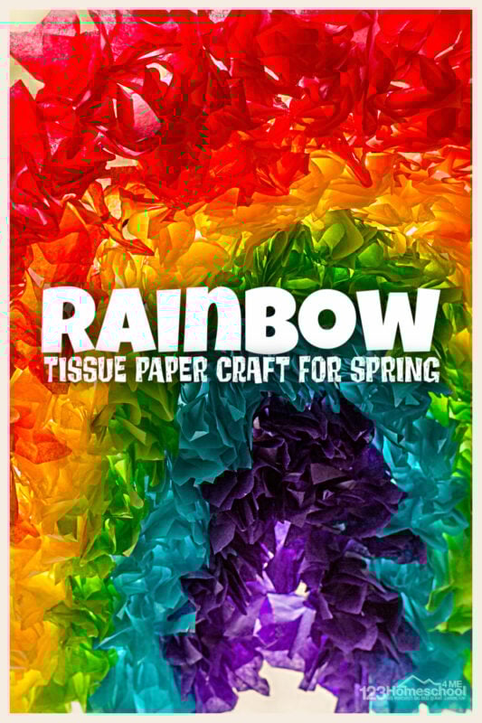 Looking for a quick and easy spring craft for kids? You will love this beautiful tissue paper rainbow craft! This simple craft is perfect for toddler,  pre-k, kindergarten, and first grade students! All you need are a few simple materials and you will love a really pretty preschool rainbow craft. Use this spring craft idea to celebrate springtime, st patrick's day activities for preschoolers, summer craft, or anytime you want to brighten up your window with a pretty suncatcher craft.