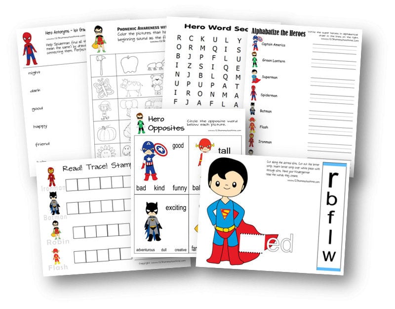 Super hero printables to practice opposites, word families, phonemic awareness, and more for prek, preschool, kindergarten, and first grade