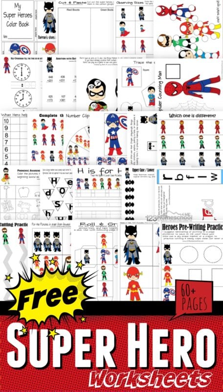 FREE Super Hero Worksheets - over 60 pages for preschool, kindergarten, toddler, and first grade kids to teach a variety of math and literacy skills #preschool #kindergarten #firstgrade