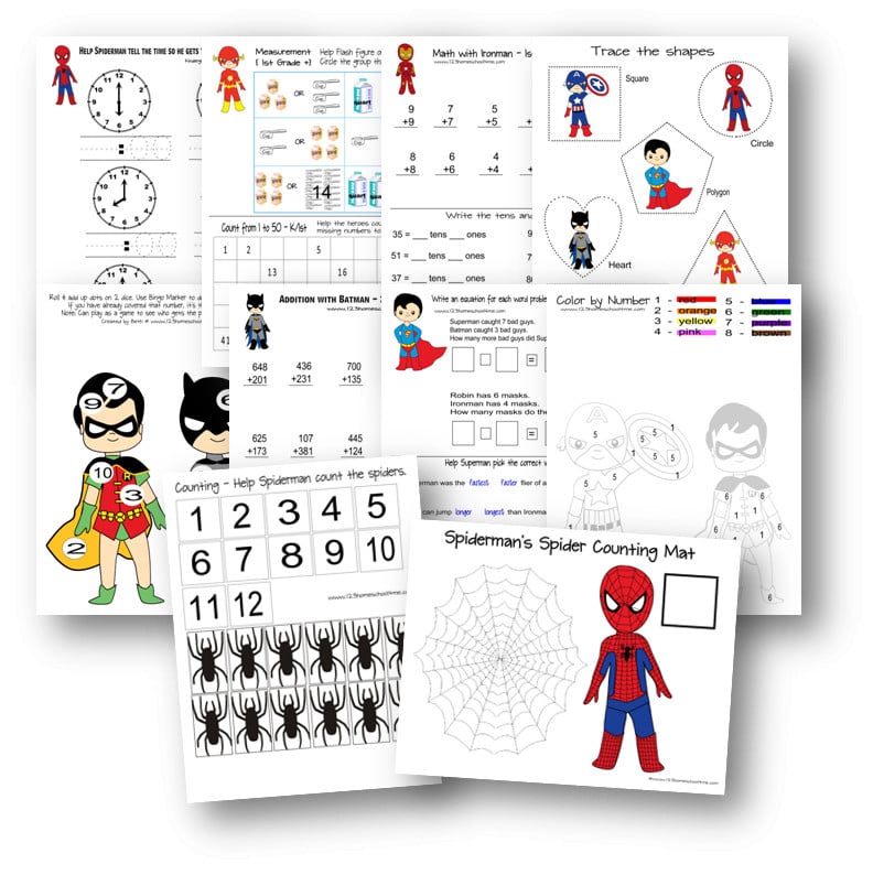 Super cute and free printable superhero math worksheets to practice counting, shapes, telling time, addition, and more!