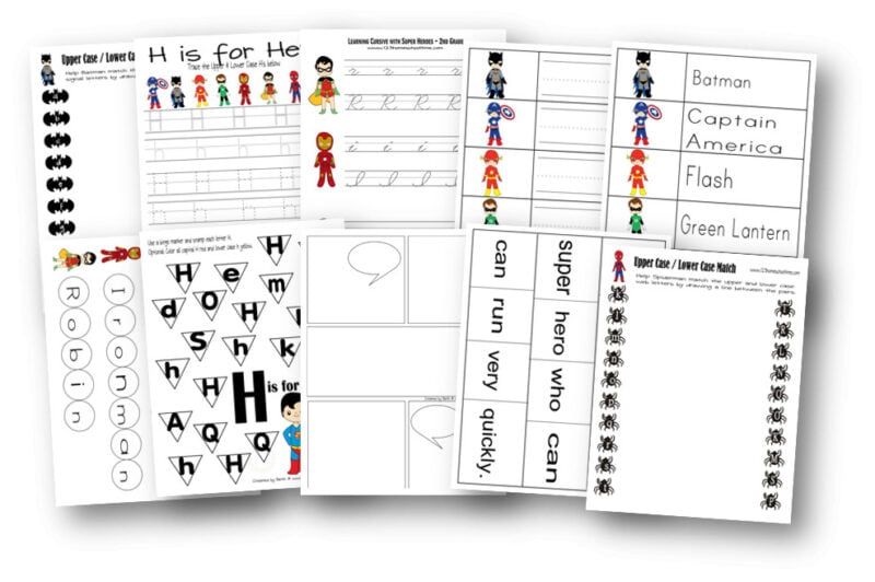 Superhero printables to practice writing alphabet letters and matching upper and lowercase letters