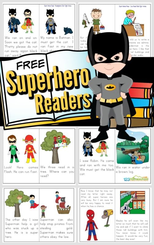 Encourage your little superhero fans to read with these super cute, free printable superhero books! We have super hero readers for toddler, preschool, pre k, kindergarten, first grade, and 2nd grade students. Each sight word reader has simple, easy-to-read text, filled with kid favorite characters like Batman, Superman, Flash, Green Lantern, Spiderman, and more!  