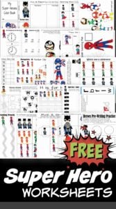 FREE Superhero worksheets - these free printable Super Hero printables are super cute to help toddler, preschool, prek, kindergarten, first grade, and second grade kids practice alphabet letters, clocks, counting, addition, word families, and so much more! #worksheetsforkids #preschool #superhero