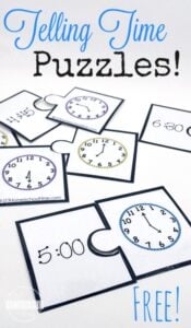FREE Telling Time Puzzles - super cute math game to help kindergarten and first grade students learn to tell time with a clock game for kids! #mathgames #kindergarten #kindergartenmath #1stgrade #grade1math