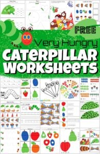 Grab this HUGE pack of the very hungry caterpillar worksheets to help kids will have fun practicing their letters, counting, using scissors, adding, telling time, and so much more. These free preschool worksheets are super cute and such a fun book based activity is perfect to sneak in some fun math and listeracy practice with a cute, hungry caterpillar worksheets. These happy caterpillar themed pages are perfect for toddler, preschool, pre-k, kindergarten, first grade, and 2nd grade students. Simply print pdf file with caterpillar worksheets and you are ready for spring and summer themed worksheets.