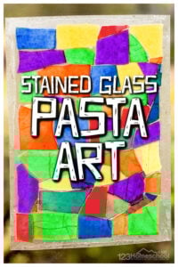 Looking for a fun, engaging pasta craft? This pretty stained glass pasta project has so many different possibilities to let your children explore their creativity, create something unique and beautiful, and strengthen coordination with those little hands. In this pasta art you will use dyed pasta to creat a beautiful stained glass craft. This stained glass art for kids is perfect for toddler, preschool, pre-k, kindergarten, first grade, and 2nd graders.