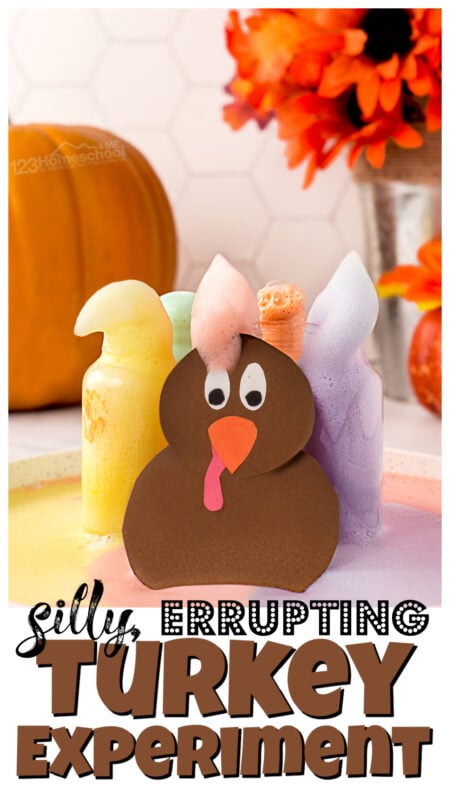 This turkey science project is SO MUCH FUN! This is a creative, thanksgiving themed elephant toothpaste activity that is sure to impress kids of all ages! This simple thanksgiving science experiment uses common items and is easy to do in just 5-10 minutes! Your toddler, preschool, pre-k, kindergarten, first grade, 2nd grade, 3rd grade, 4th grade, and 5th grader will be impressed as they grow colorful turkey feathers with this november activity for kid.