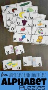 Practice identifying alphabet letters while having fun with these free printable upper and lowercase alphabet puzzle. In this low prep alphabet activity children will work on letter recognition and visual discrimination to make the two-part, self checking puzzles. These super cute alphabet matching is a free abc printables perfect for preschool, pre-k, and kindergarten age children that are learning their abcs. SImply print the Alphabet puzzles printable pdf file with the Alphabet Game to make learning fun.