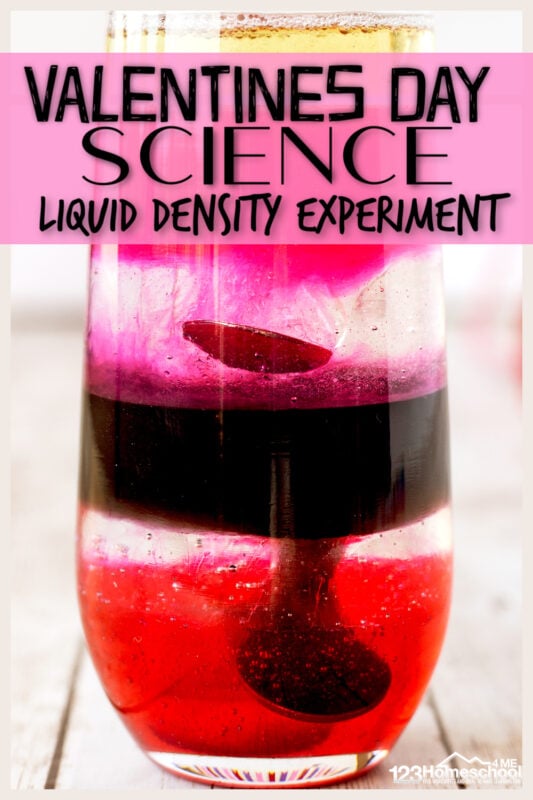 Looking for a fun valentines day science activity for February? This liquid density experiment is sure to be a hit with your toddler, preschool, pre-k, kindergarten and elementary age students in first grade, 2nd grade, and 3rd grade students. Children will be amazed as they watch the layered liquids stack up in pretty valentine's day colors for an EPIC valentine science experiments that kids will remember fondly. This valentines day activityis a great way to teach kids what is density for kids with a fun, hands-on, pretty density experiment.
