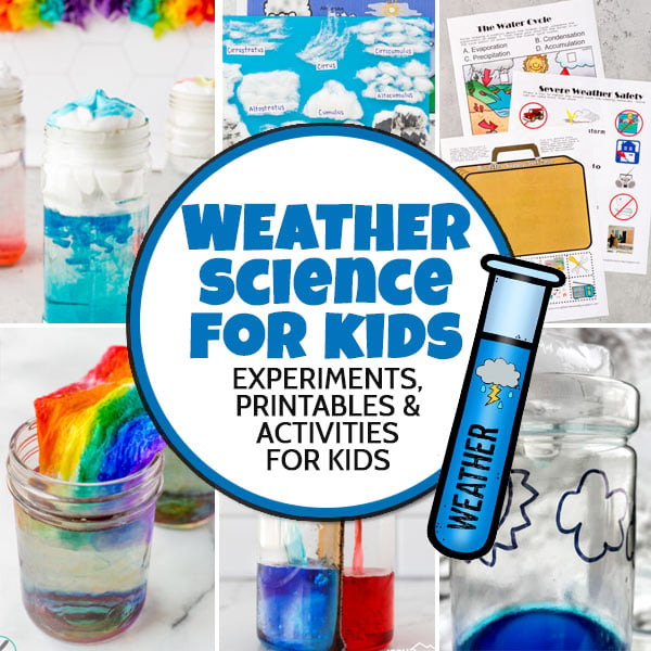 Learn weather science with FUN activity ideas: air pressure activities, types of clouds, the water cycle projects, & free weather worksheets.