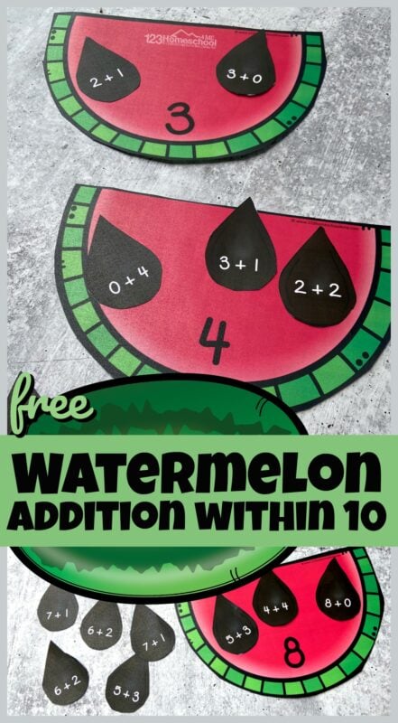 We love to sneak in some fun summer learning activities to keep kids brains working so they don't forget math skills during the break. This super cute, free printable watermelon math focuses on helping preschool, pre k, kindergarten, and first grade students practice addition within 10 with a fun, hands on activity!