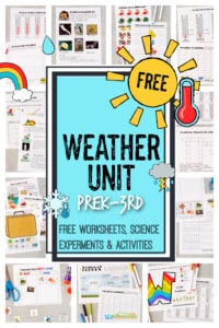 Make teaching kids about weather fun and EASY with this free weather unit. These Weather Worksheets help kids explore a variety of weather topics as well as some weather themed worksheet for early math and literacy too. Use these free weather printables as preschool, 1st grade, 2nd, grade, 3rd grade, 4th grade and kindergarten weather worksheets. Simply print pdf file with weather worksheets for kids and you are ready to learn!