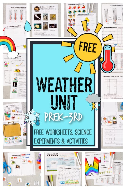 Make teaching kids about weather fun and EASY with this free weather unit. These Weather Worksheets help kids explore a variety of weather topics as well as some weather themed worksheet for early math and literacy too. Use these free weather printables as preschool, 1st grade, 2nd, grade, 3rd grade, 4th grade and kindergarten weather worksheets. Simply download pdf file with weather worksheets for kids and you are ready to learn!