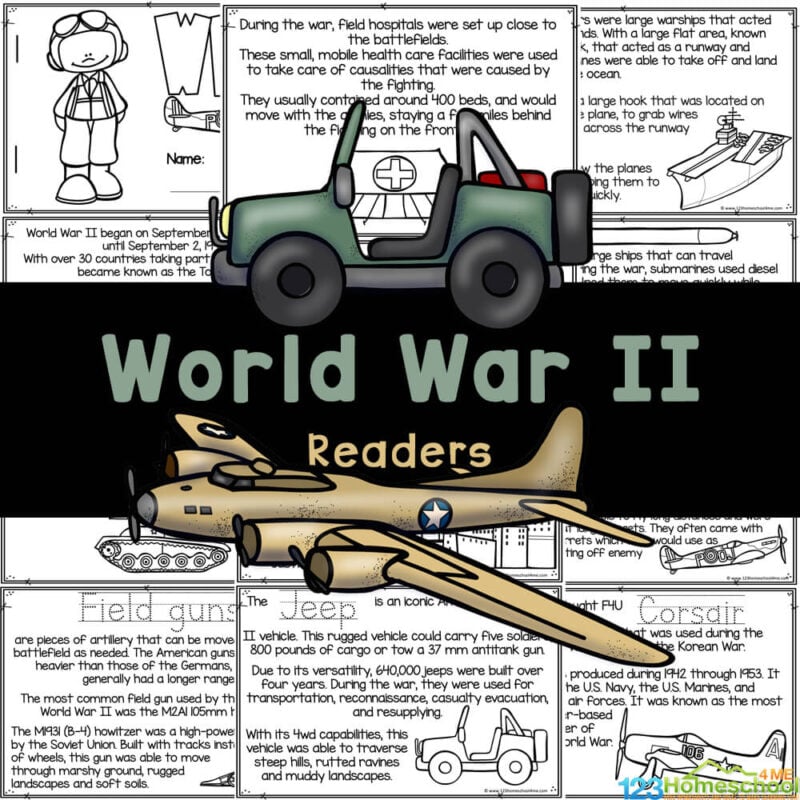 Learn about World War 2 for kids with free reader for history lessons. WW2 printables are filled with facts and coloring pages.