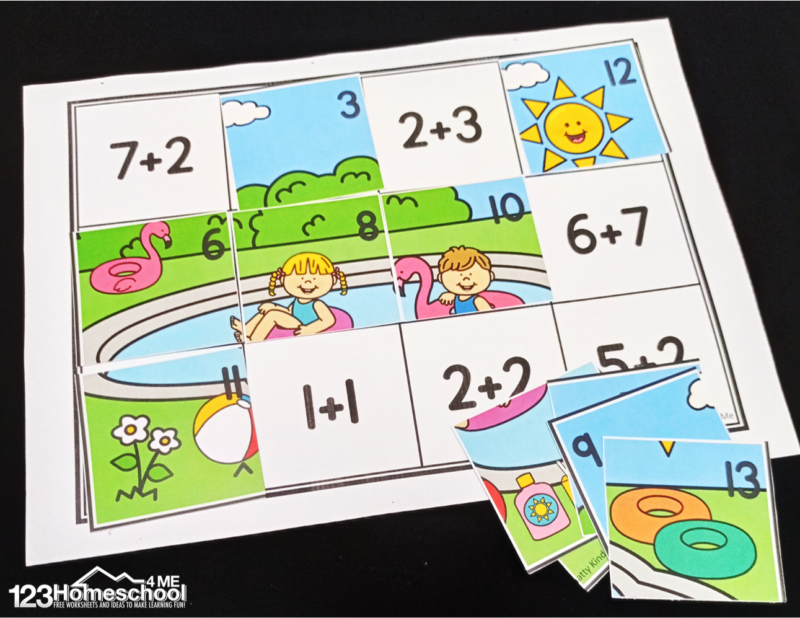 solve addition to 10 problems, then cut and paste summer math puzzle to create the beach picture