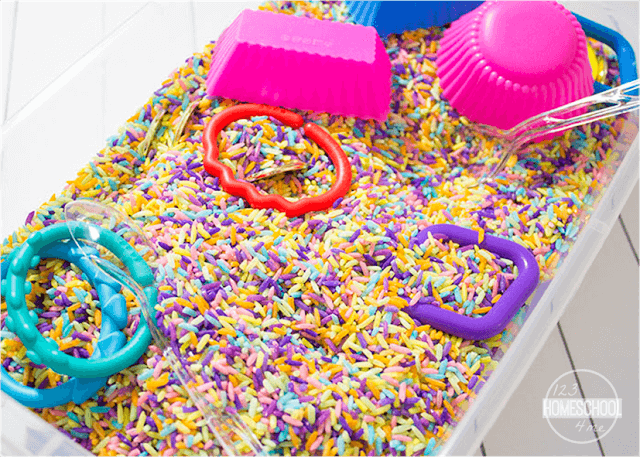 fun to make rainbow rice for sensory boxes